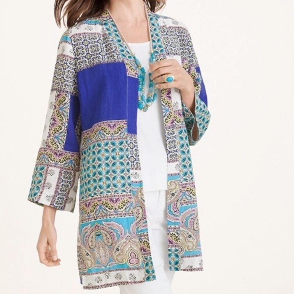 Chico’s 100% Linen Kimono Jacket 3/4 Sleeve Multi NWT
